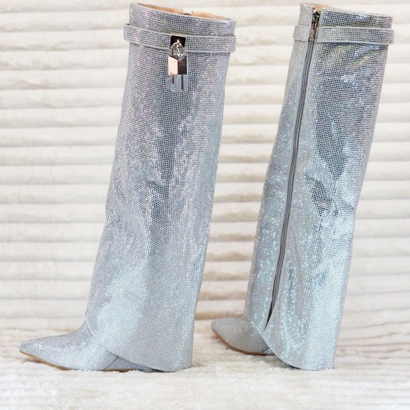 Super Sparkle Sharky Silver Rhinestone Skirted Fold Over Wedge Heel Knee Boots - Picture 12 of 12